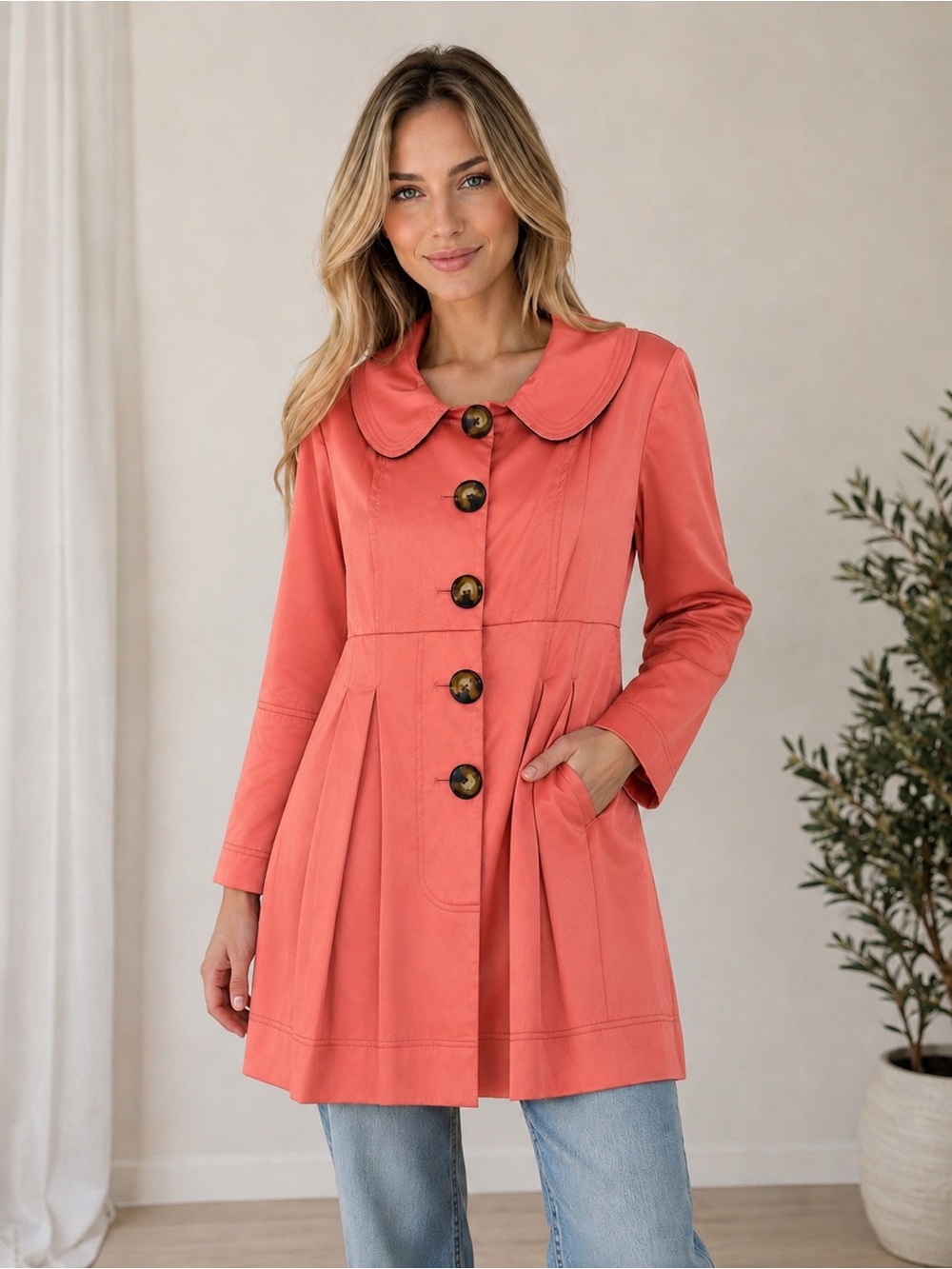 Women's Coral Satin A-Line skirted Trench Coat